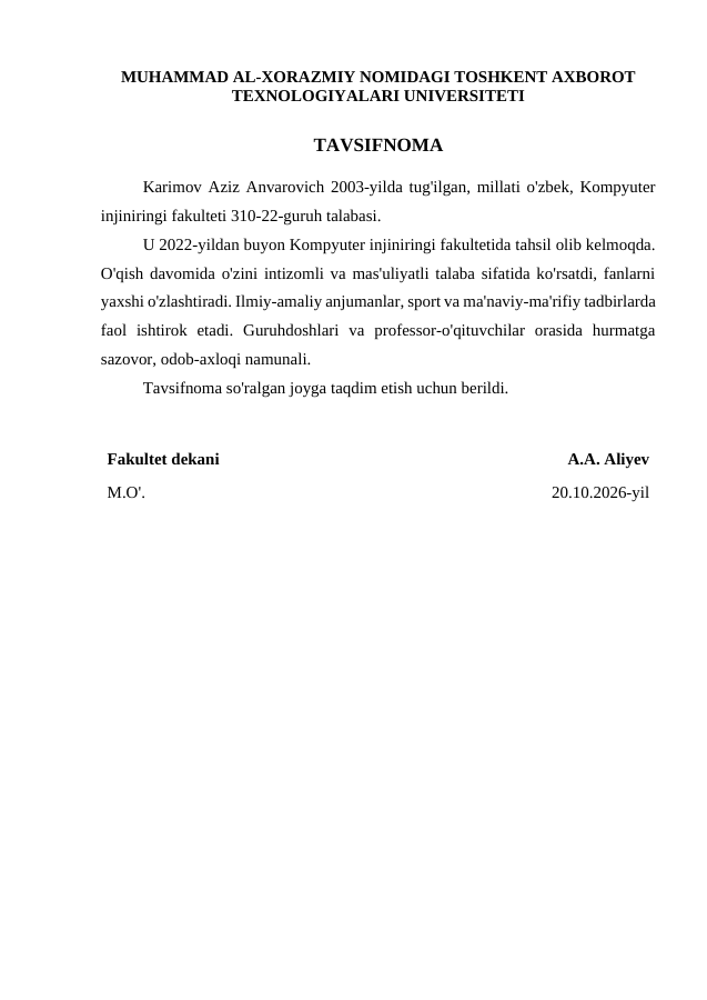 Tavsifnoma — to'ldirilgan namuna
