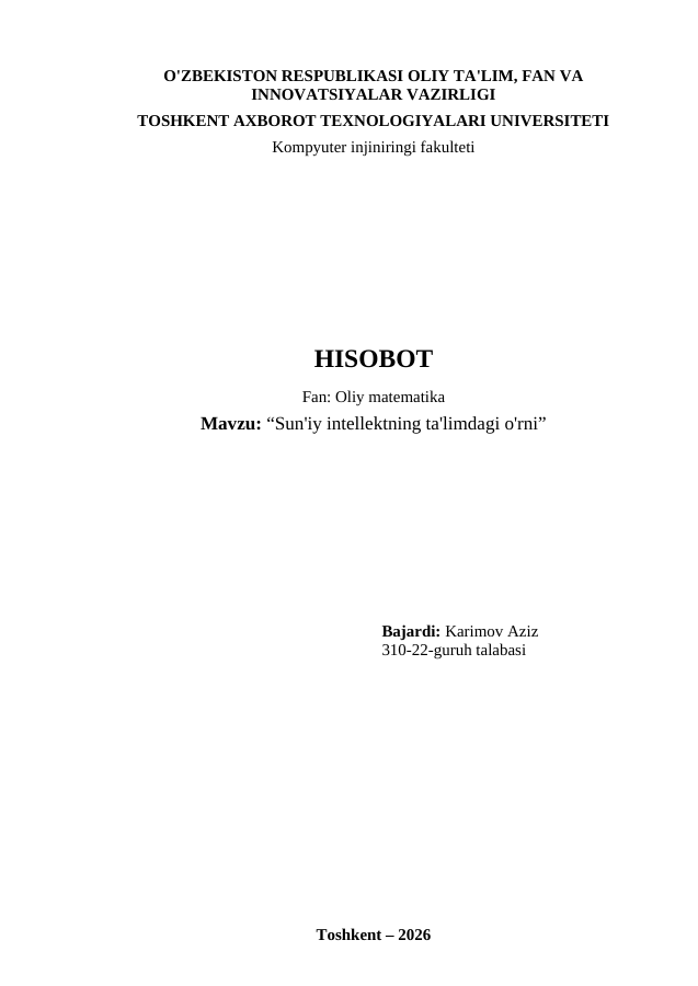 Referat va mustaqil ish titul varag'i — to'ldirilgan namuna