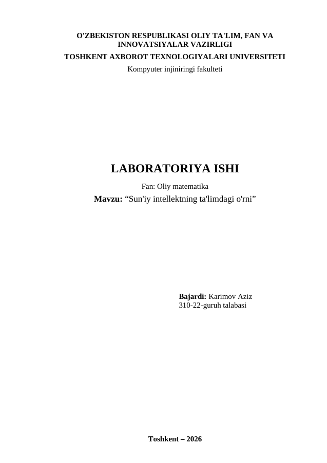 Referat va mustaqil ish titul varag'i — to'ldirilgan namuna